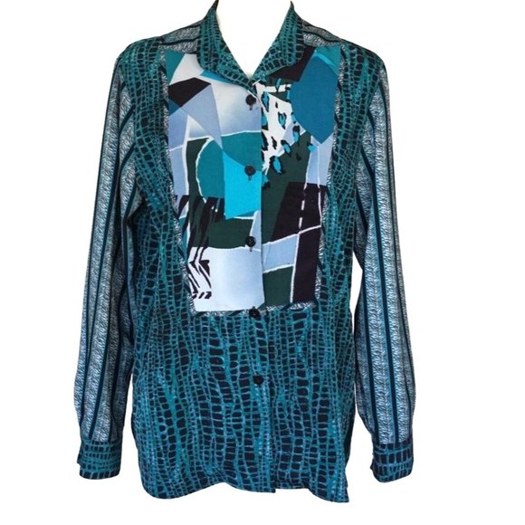 Koos of Course Top Womens Size S Wearable Art Button Up Blouse Teal Black Gray L - Picture 1 of 13